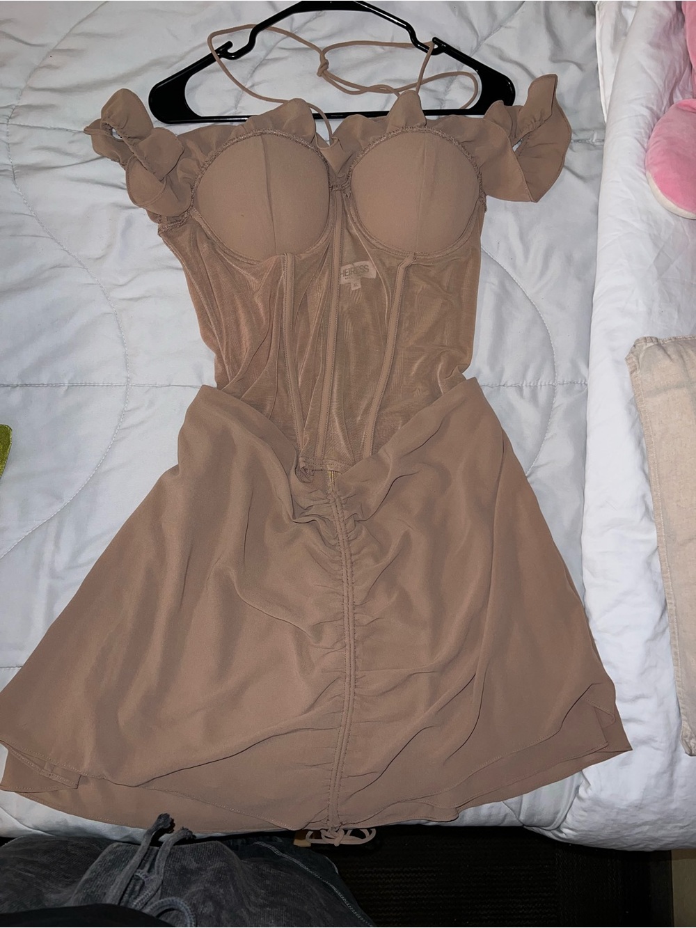 Ruched Off-Shoulder Mini Dress in Nude - Picture 2 of 3